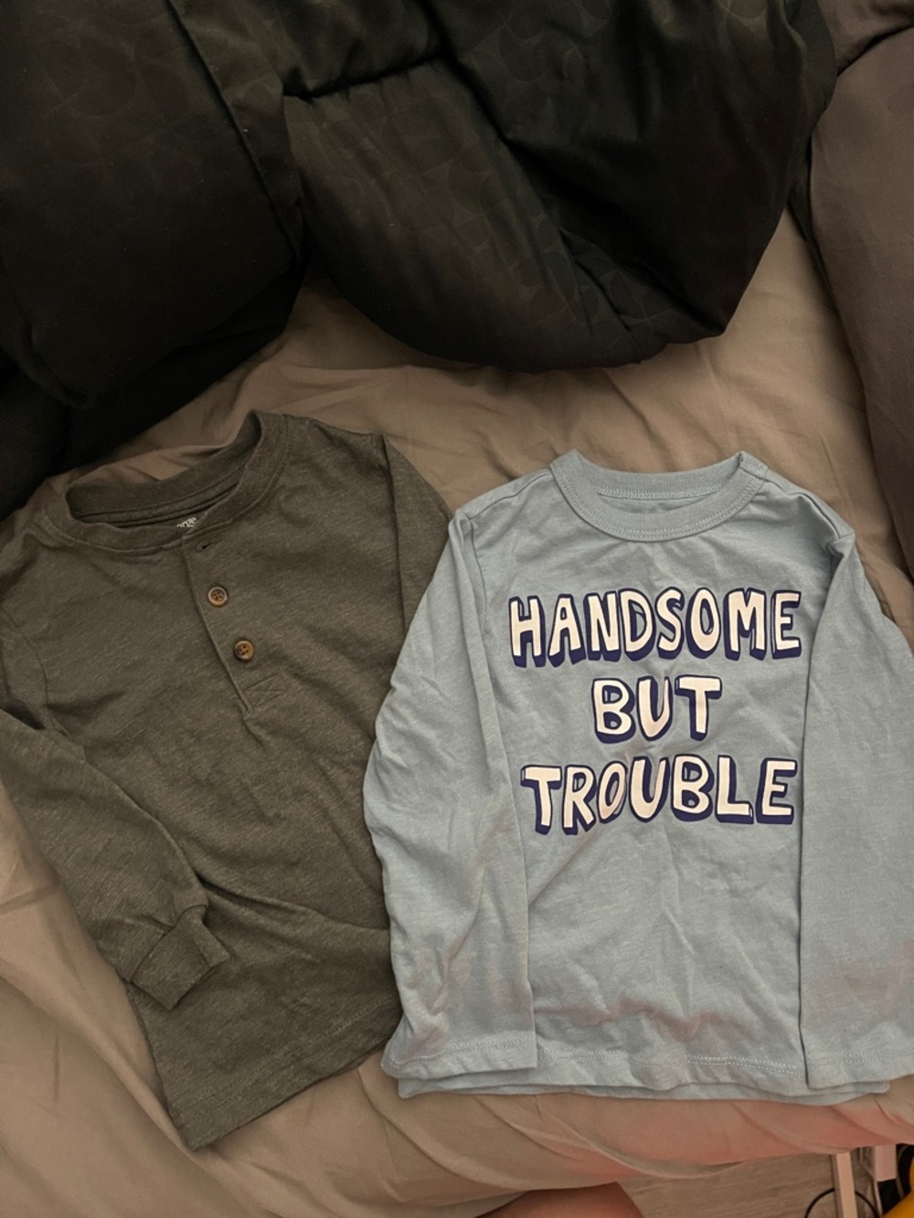 Handsome But Trouble Light Blue Kids Long Sleeve Tee and Dark Grey Long Sleeve